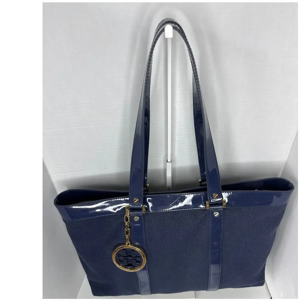 Tory Burch Canvas Jane Tote navy patient leather Shoulder Bag